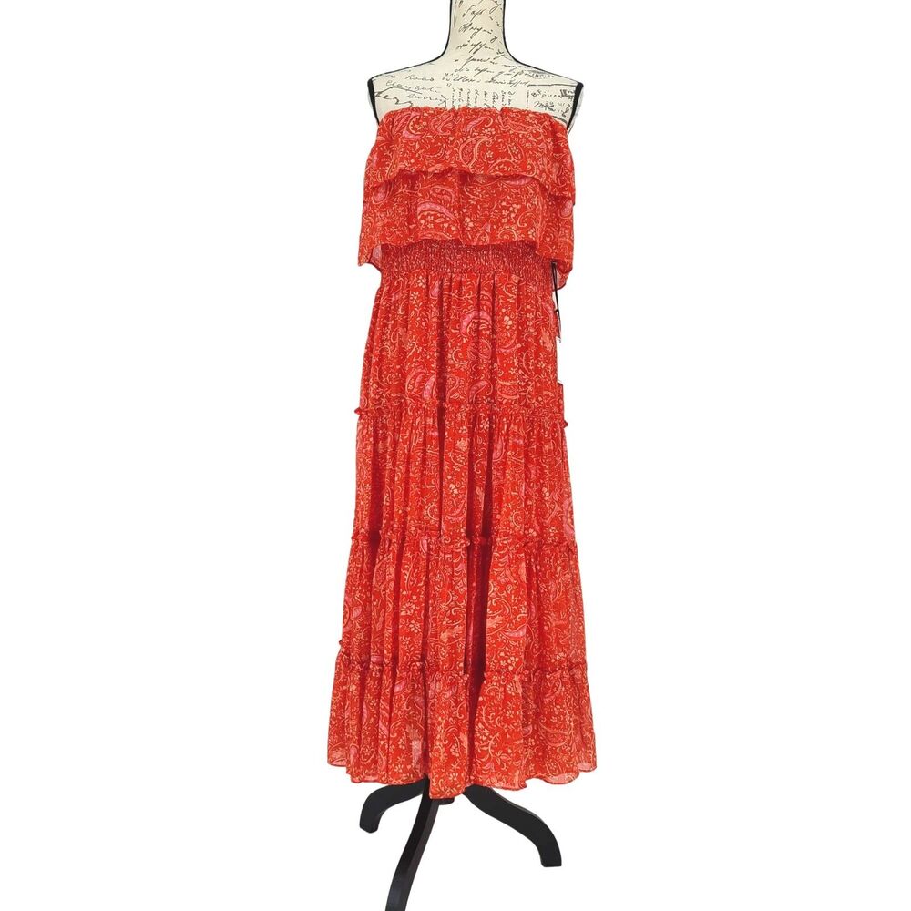 1. State Strapless Tiered Ruffle Midi Dress Orange Large